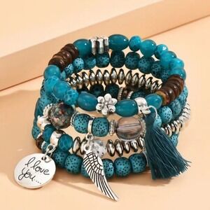 NWT Bracelet Malachite Green Tassel I Love You Multilayer Beaded‎ Bohemian Angel